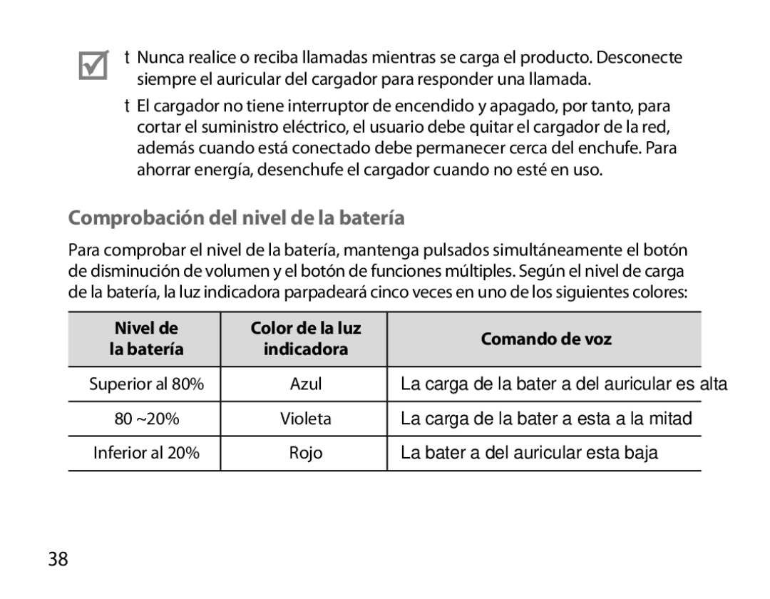 Samsung BHS6000EBECXEF manual Comprobación del nivel de la batería, Nivel de Color de la luz Comando de voz La batería 