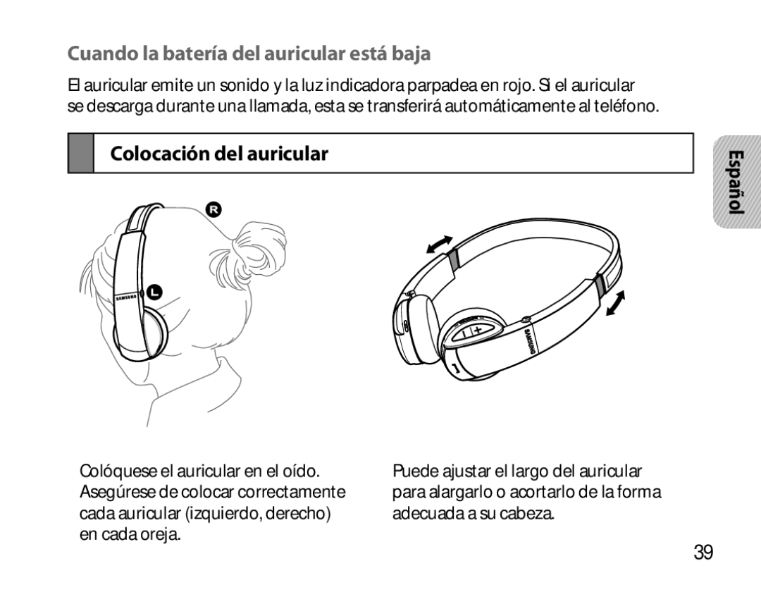 Samsung BHS6000EBECFOP, BHS6000EBECXEF, BHS6000EBECCRO Cuando la batería del auricular está baja, Colocación del auricular 