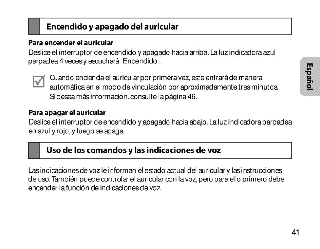 Samsung BHS6000EBECXEH, BHS6000EBECXEF Encendido y apagado del auricular, Uso de los comandos y las indicaciones de voz 