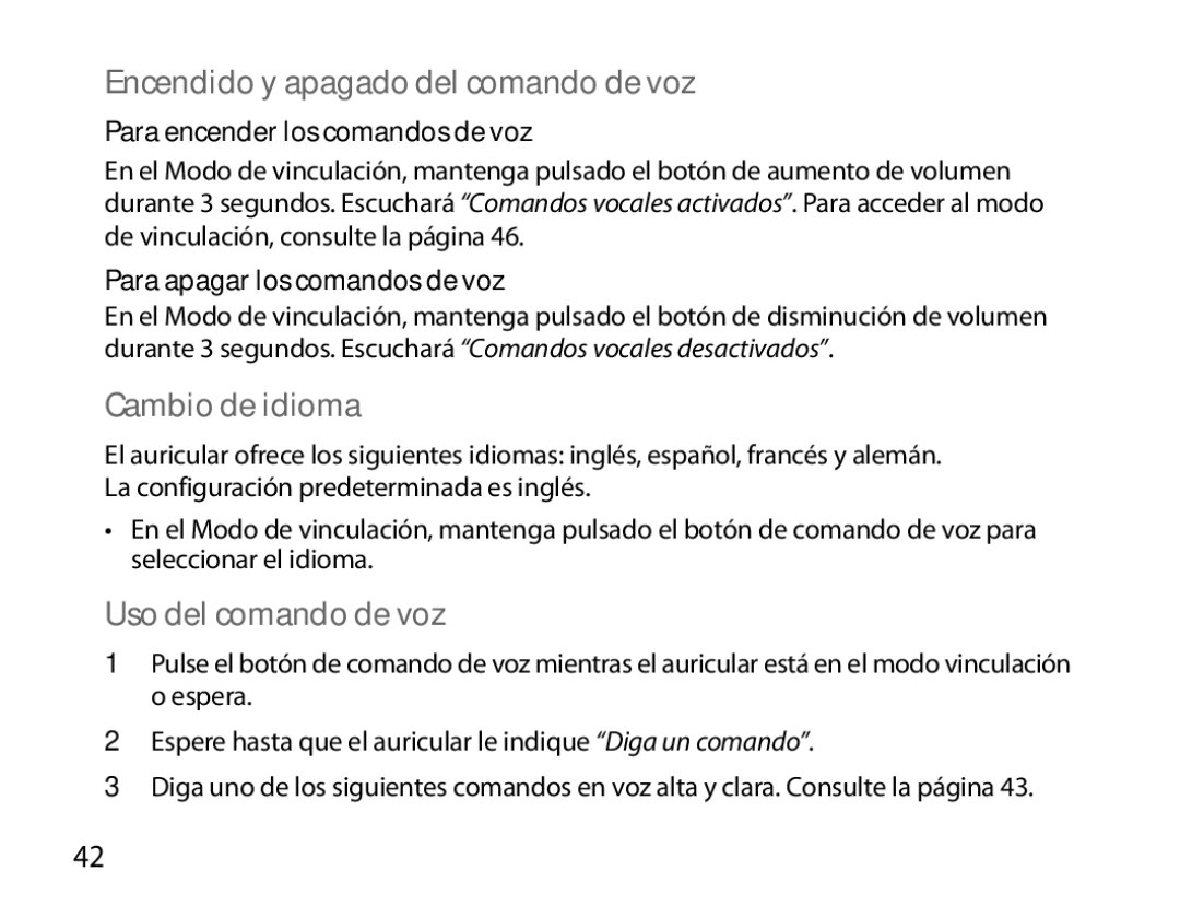 Samsung BHS6000EBECXEE, BHS6000EBECXEF Encendido y apagado del comando de voz, Cambio de idioma, Uso del comando de voz 
