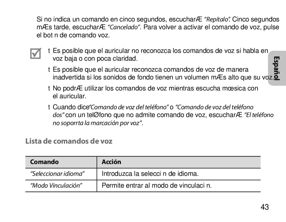 Samsung BHS6000EBECHAT, BHS6000EBECXEF, BHS6000EBECFOP, BHS6000EBECCRO manual Lista de comandos de voz, Comando Acción 