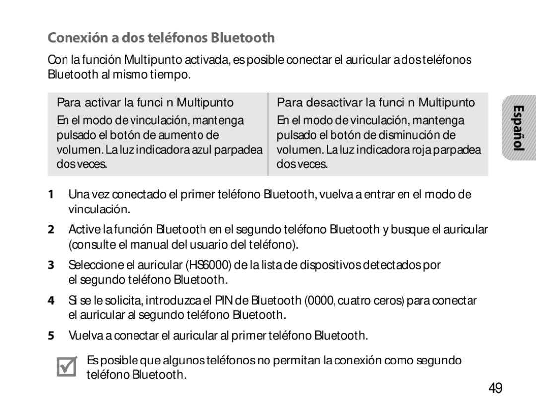 Samsung BHS6000EBECXEH, BHS6000EBECXEF manual Conexión a dos teléfonos Bluetooth, Para activar la función Multipunto 