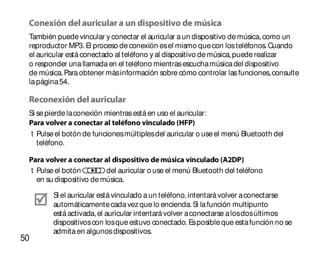 Samsung BHS6000EBECXEE, BHS6000EBECXEF manual Conexión del auricular a un dispositivo de música, Reconexión del auricular 