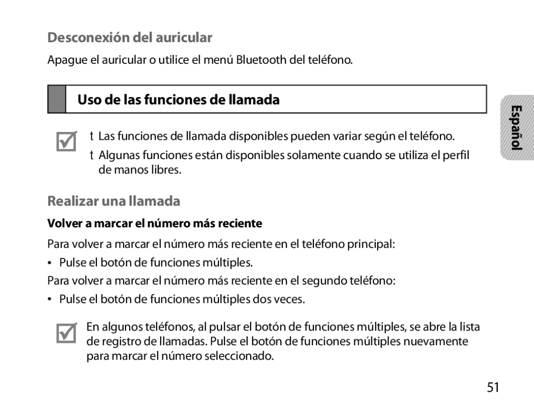 Samsung BHS6000EBECHAT, BHS6000EBECXEF Desconexión del auricular, Uso de las funciones de llamada, Realizar una llamada 