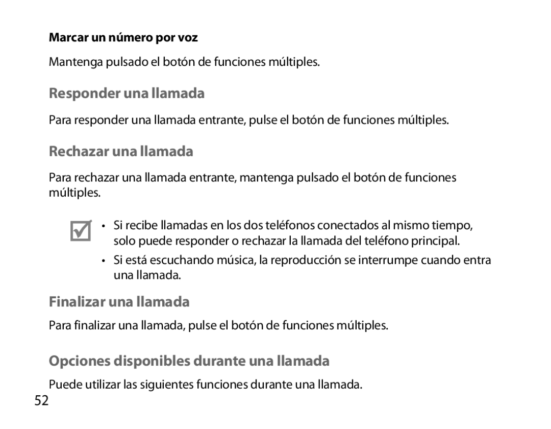 Samsung BHS6000EPECXEH manual Responder una llamada, Rechazar una llamada, Finalizar una llamada, Marcar un número por voz 