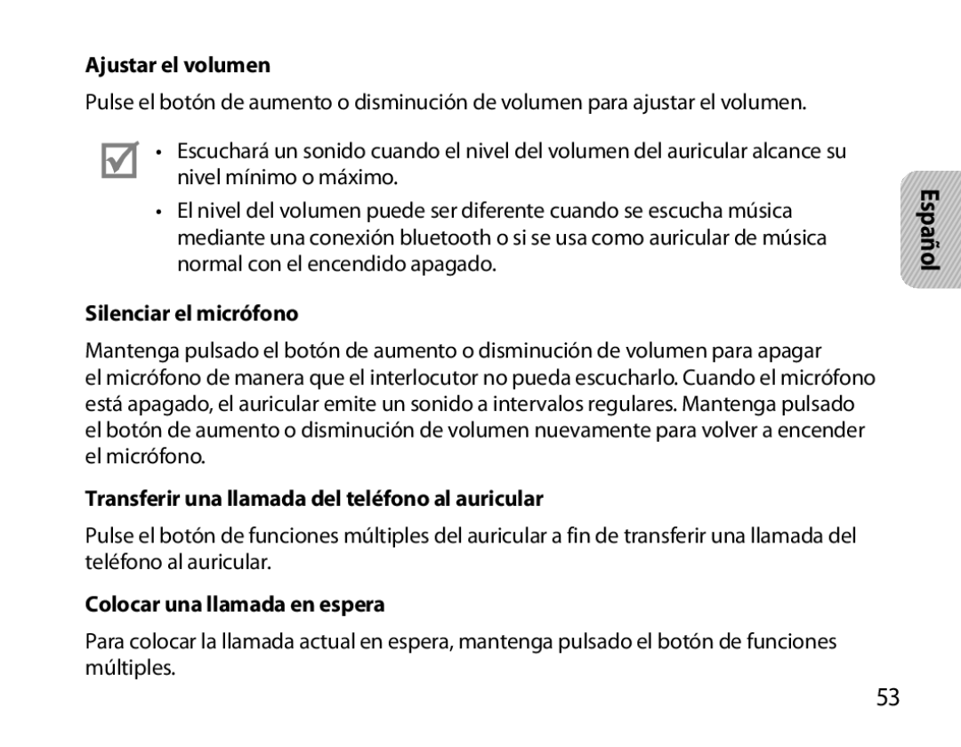 Samsung BHS6000EMECXEH manual Ajustar el volumen, Silenciar el micrófono, Transferir una llamada del teléfono al auricular 