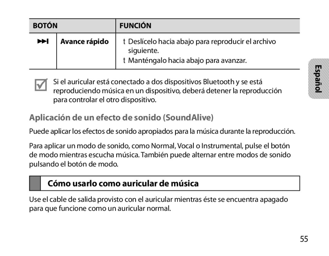 Samsung BHS6000EBECFOP, BHS6000EBECXEF Aplicación de un efecto de sonido SoundAlive, Cómo usarlo como auricular de música 