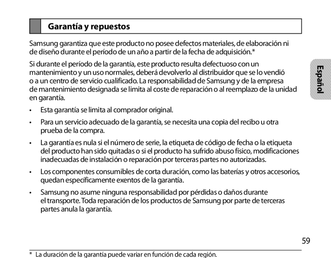 Samsung BHS6000EBECHAT, BHS6000EBECXEF, BHS6000EBECFOP, BHS6000EBECCRO, BHS6000EBECXEH, BHS6000EBECXEE Garantía y repuestos 