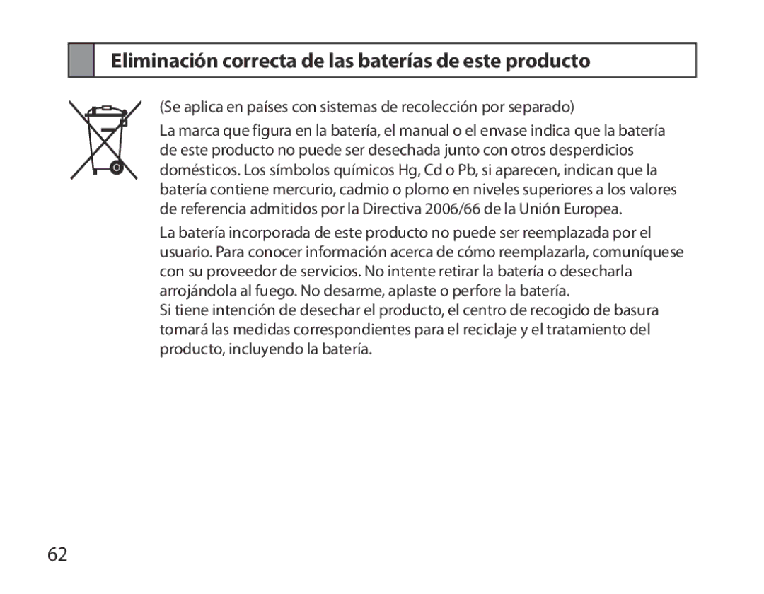 Samsung BHS6000EBECXEF, BHS6000EBECFOP, BHS6000EBECCRO, BHS6000EBECXEH Eliminación correcta de las baterías de este producto 