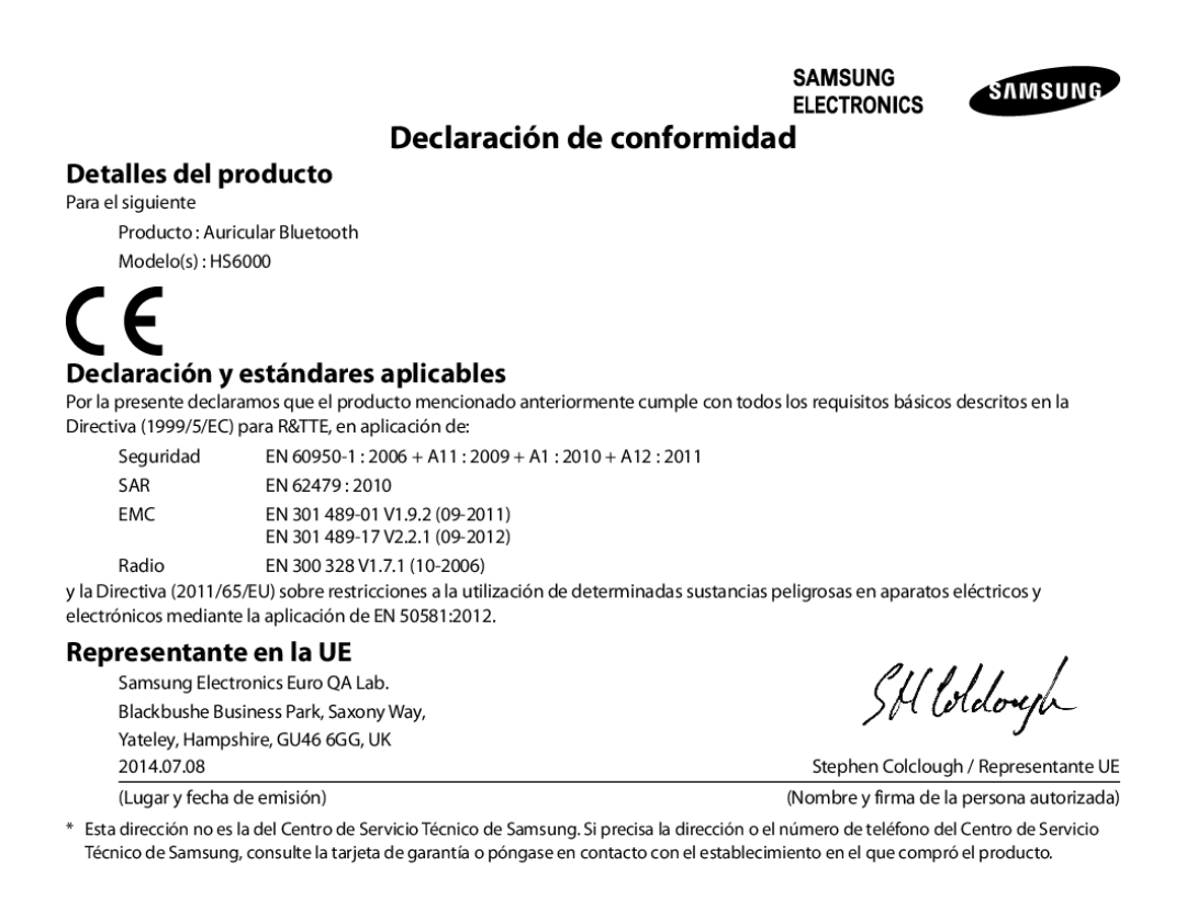 Samsung BHS6000EBECFOP manual Declaración de conformidad, Detalles del producto, Declaración y estándares aplicables 