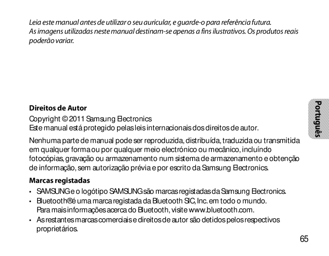 Samsung BHS6000EBECXEH, BHS6000EBECXEF, BHS6000EBECFOP, BHS6000EBECCRO manual Direitos de Autor, Marcas registadas, Português 