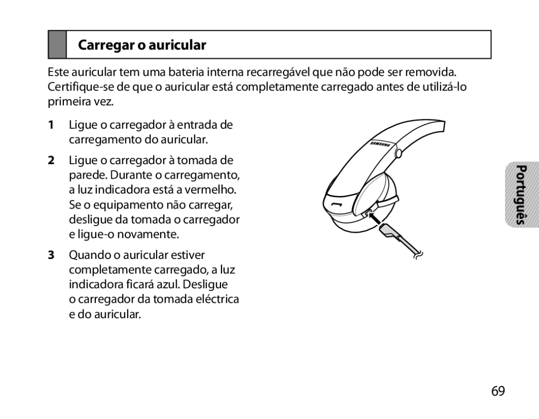 Samsung BHS6000EMECXEH, BHS6000EBECXEF, BHS6000EBECFOP, BHS6000EBECCRO, BHS6000EBECXEH, BHS6000EBECXEE Carregar o auricular 
