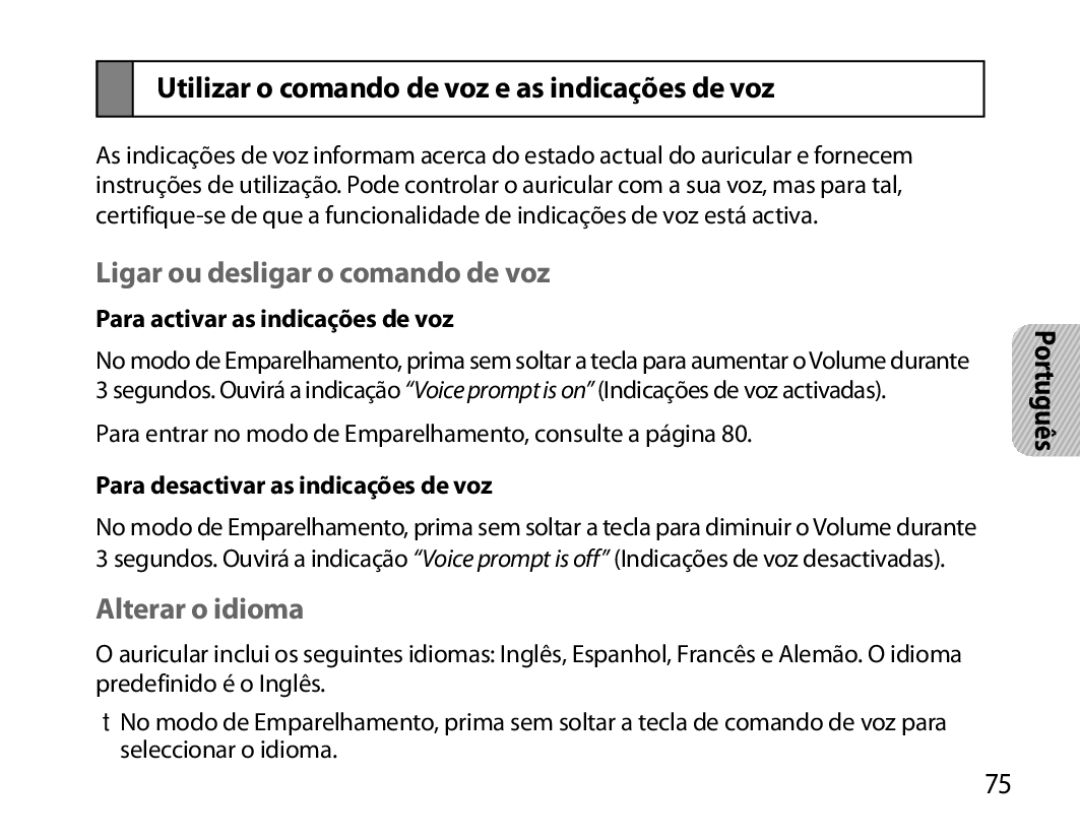 Samsung BHS6000EBECHAT manual Utilizar o comando de voz e as indicações de voz, Ligar ou desligar o comando de voz 