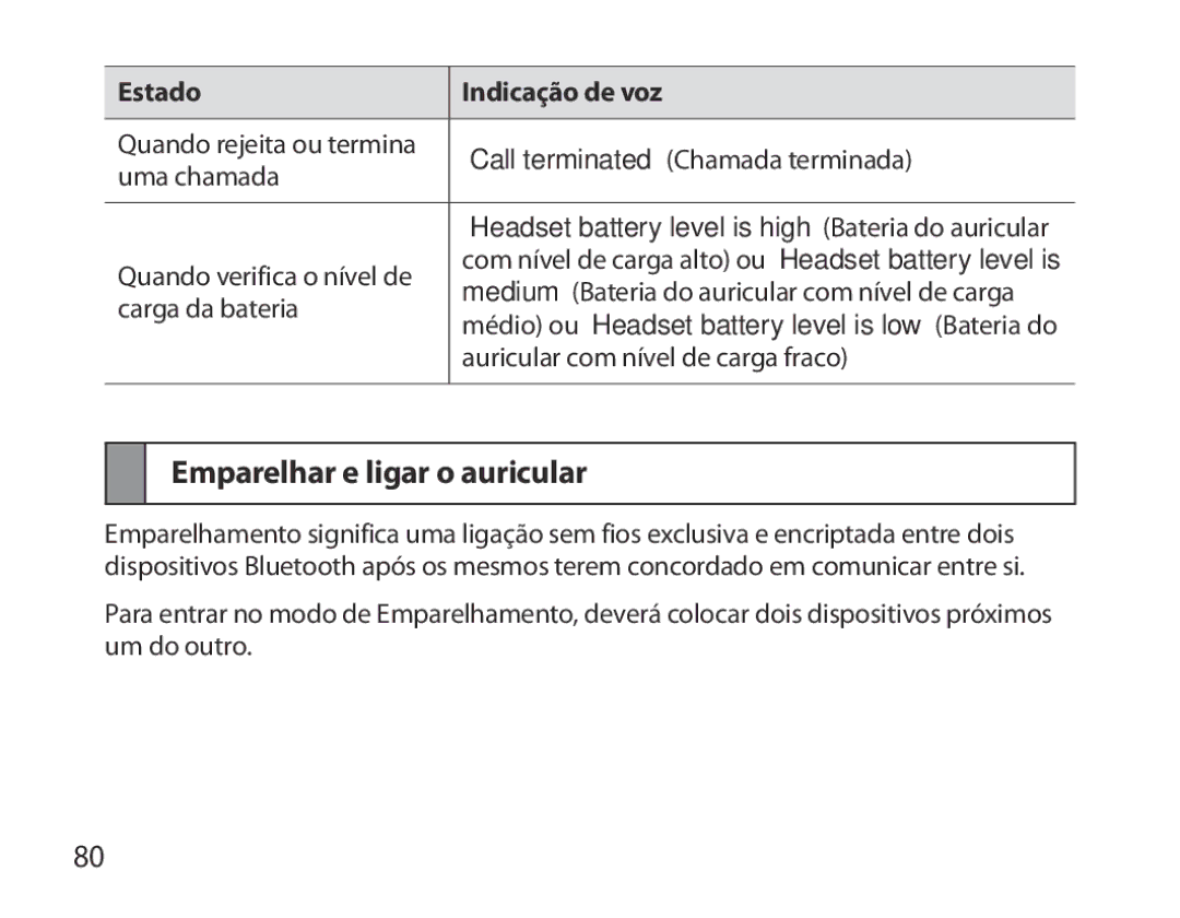 Samsung BHS6000EBECCRO, BHS6000EBECXEF Emparelhar e ligar o auricular, Headset battery level is high Bateria do auricular 