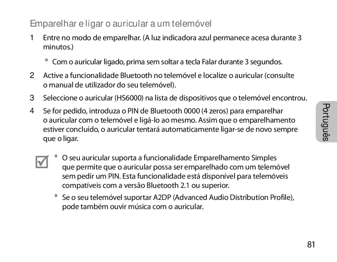 Samsung BHS6000EBECXEH, BHS6000EBECXEF, BHS6000EBECFOP, BHS6000EBECCRO manual Emparelhar e ligar o auricular a um telemóvel 