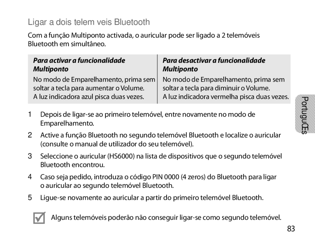 Samsung BHS6000EBECHAT, BHS6000EBECXEF manual Ligar a dois telemóveis Bluetooth, Para activar a funcionalidade Multiponto 