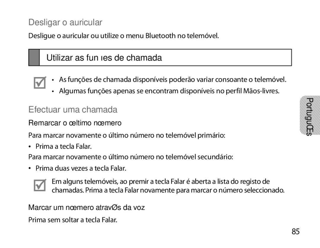 Samsung BHS6000EMECXEH, BHS6000EBECXEF manual Desligar o auricular, Utilizar as funções de chamada, Efectuar uma chamada 