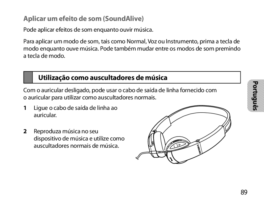 Samsung BHS6000EBECXEH, BHS6000EBECXEF manual Aplicar um efeito de som SoundAlive, Utilização como auscultadores de música 