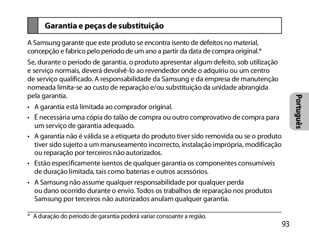 Samsung BHS6000EMECXEH, BHS6000EBECXEF, BHS6000EBECFOP, BHS6000EBECCRO, BHS6000EBECXEH manual Garantia e peças de substituição 