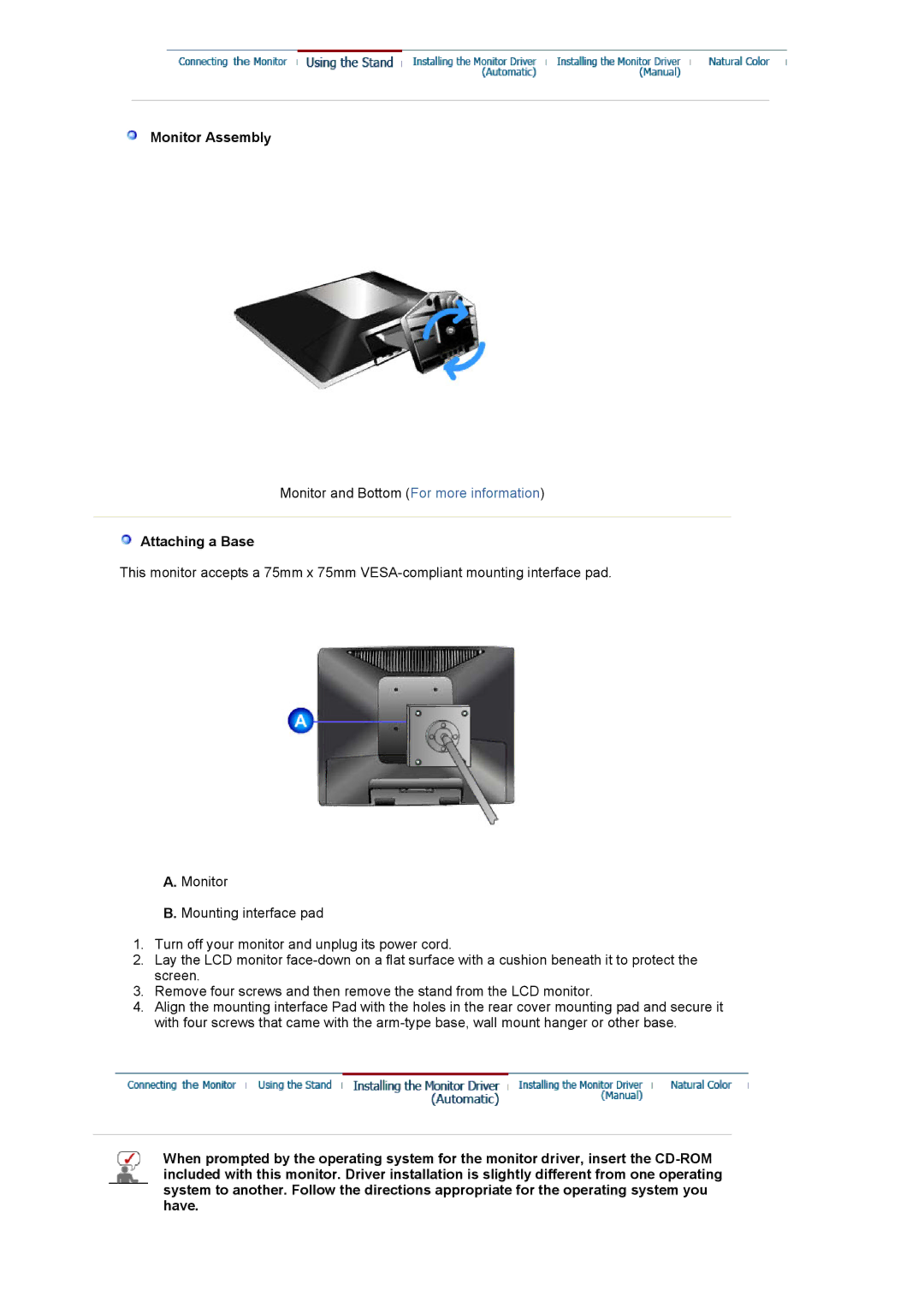 Samsung LS17BIBKSV/ILC, BI17BSSBV/EDC, BI19BSSBV/EDC, LS17BIBKB/EDC, LS19BIBKB/EDC manual Monitor Assembly, Attaching a Base 