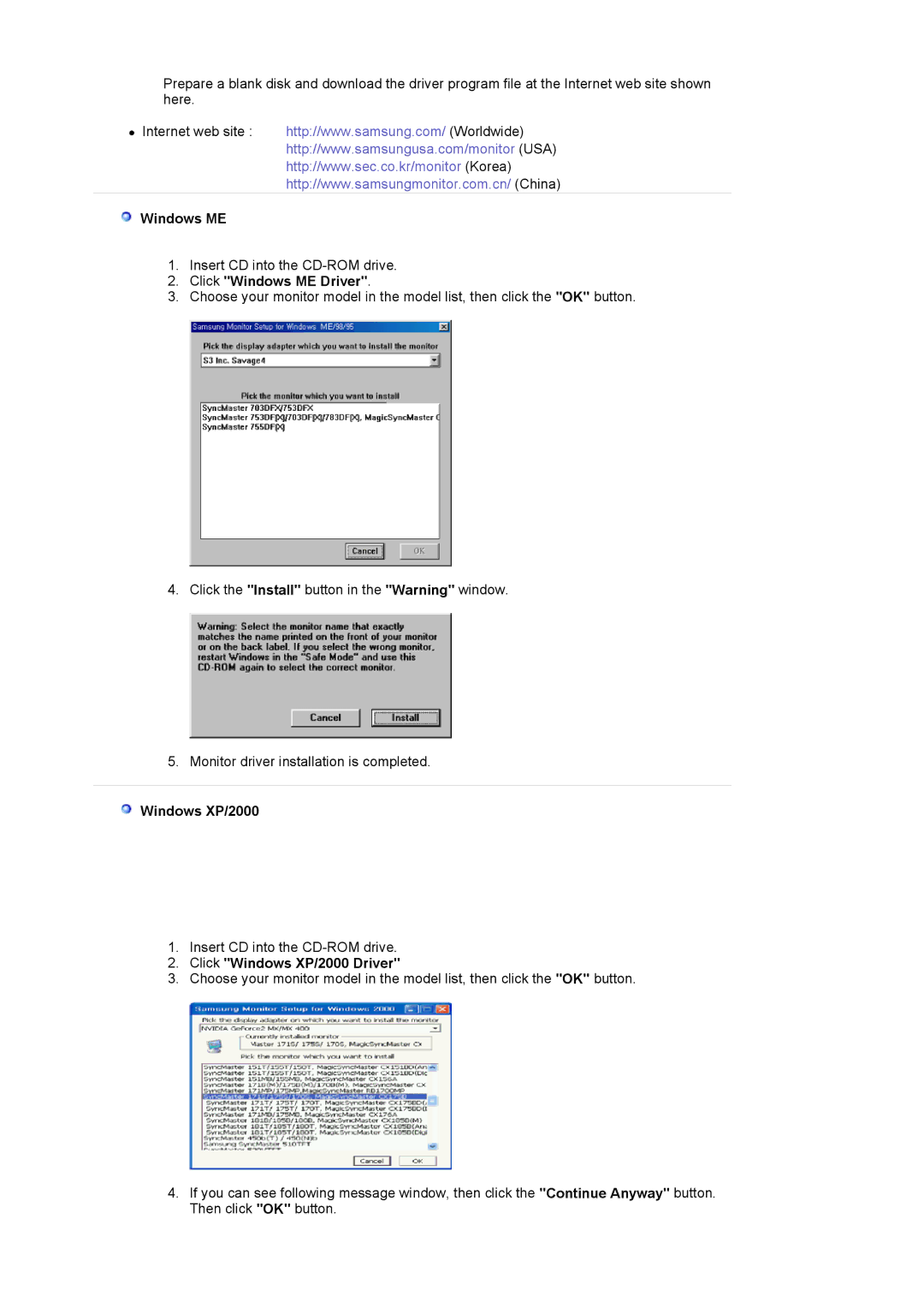 Samsung LS19BIBKSV/ILC, BI17BSSBV/EDC, BI19BSSBV/EDC manual Click Windows ME Driver, Click Windows XP/2000 Driver 