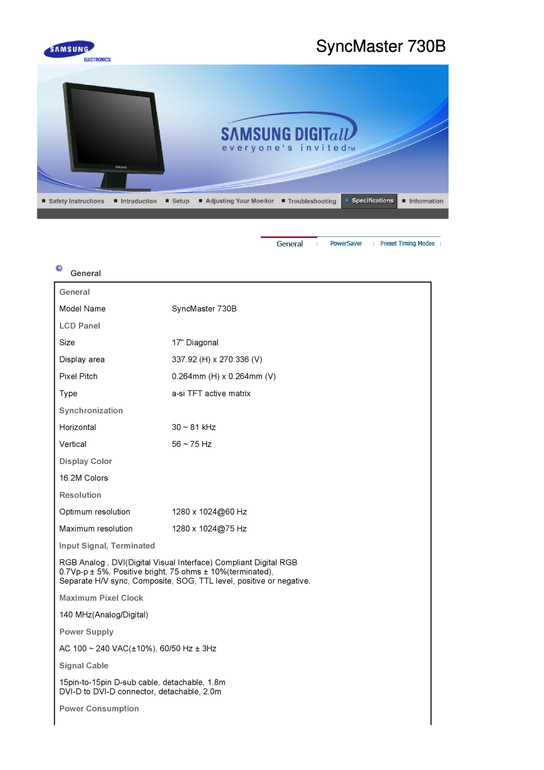 Samsung BI19BSSB General, LCD Panel, Synchronization, Display Color, Resolution, Input Signal, Terminated, Power Supply 