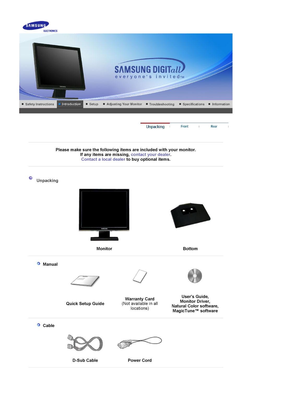 Samsung BI17BSSBV/EDC, BI19BSSBV/EDC Unpacking, Natural Color software, MagicTune software, Cable Sub Cable Power Cord 