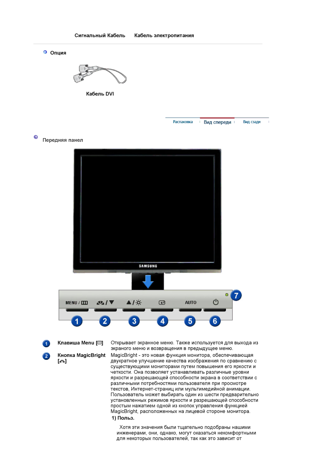 Samsung BI19BSSBV/EDC, BI17BSSBV/EDC manual Сигнальный Кабель Кабель электропитания Опция Кабель DVI, Передняя панел, Польз 