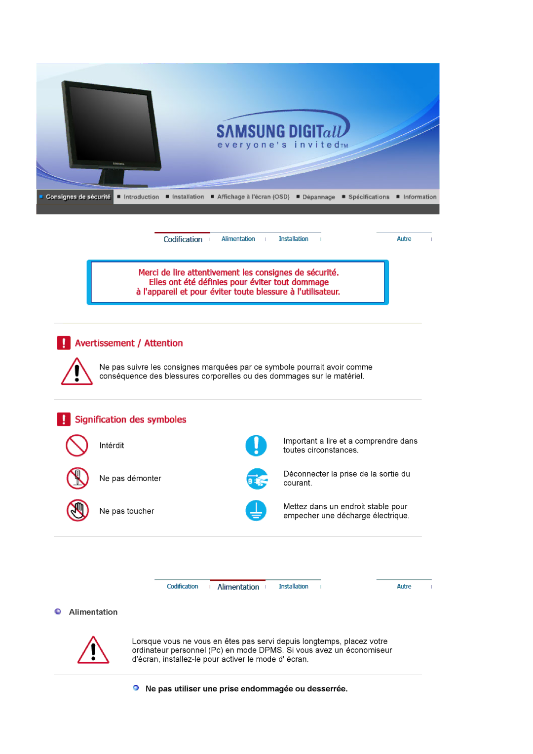 Samsung BI17BSSBV/EDC, BI19BSSBV/EDC manual Alimentation, Ne pas utiliser une prise endommagée ou desserrée 