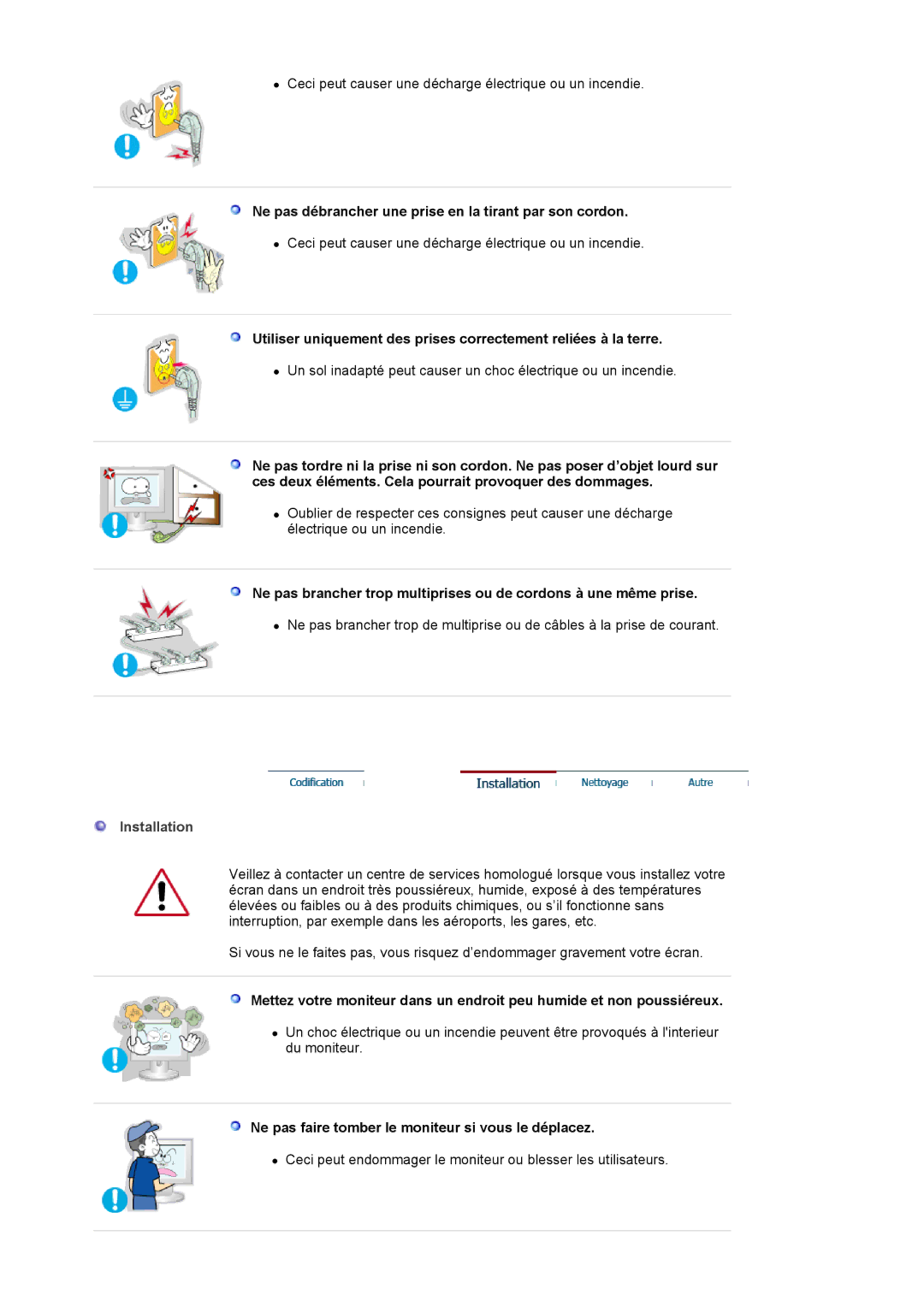 Samsung BI19BSSBV/EDC, BI17BSSBV/EDC manual Ne pas débrancher une prise en la tirant par son cordon, Installation 