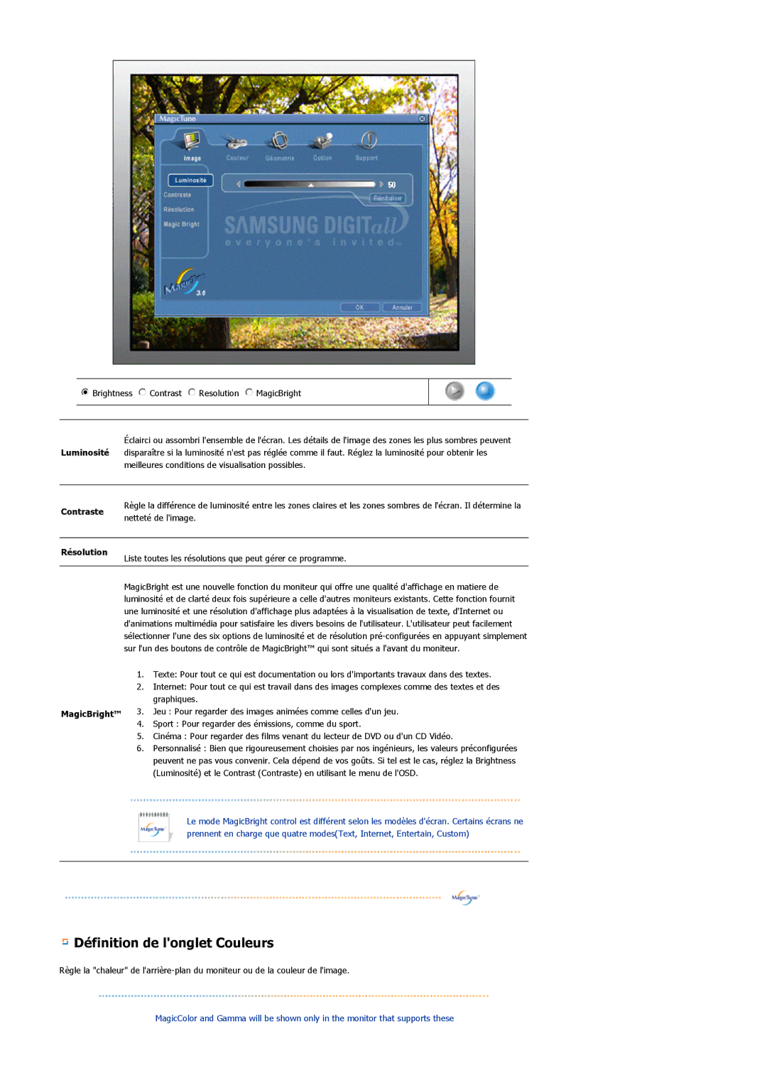 Samsung BI19BSSBV/EDC, BI17BSSBV/EDC manual Luminosité, Contraste, Résolution, MagicBright 