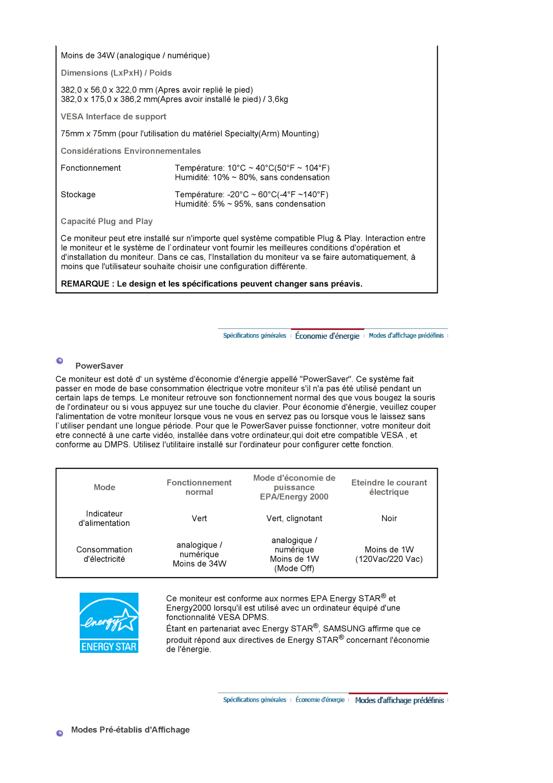 Samsung BI17BSSBV/EDC, BI19BSSBV/EDC Dimensions LxPxH / Poids, Vesa Interface de support, Considérations Environnementales 