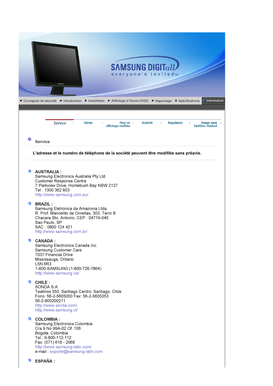 Samsung BI19BSSBV/EDC, BI17BSSBV/EDC manual Service, Australia Brazil 