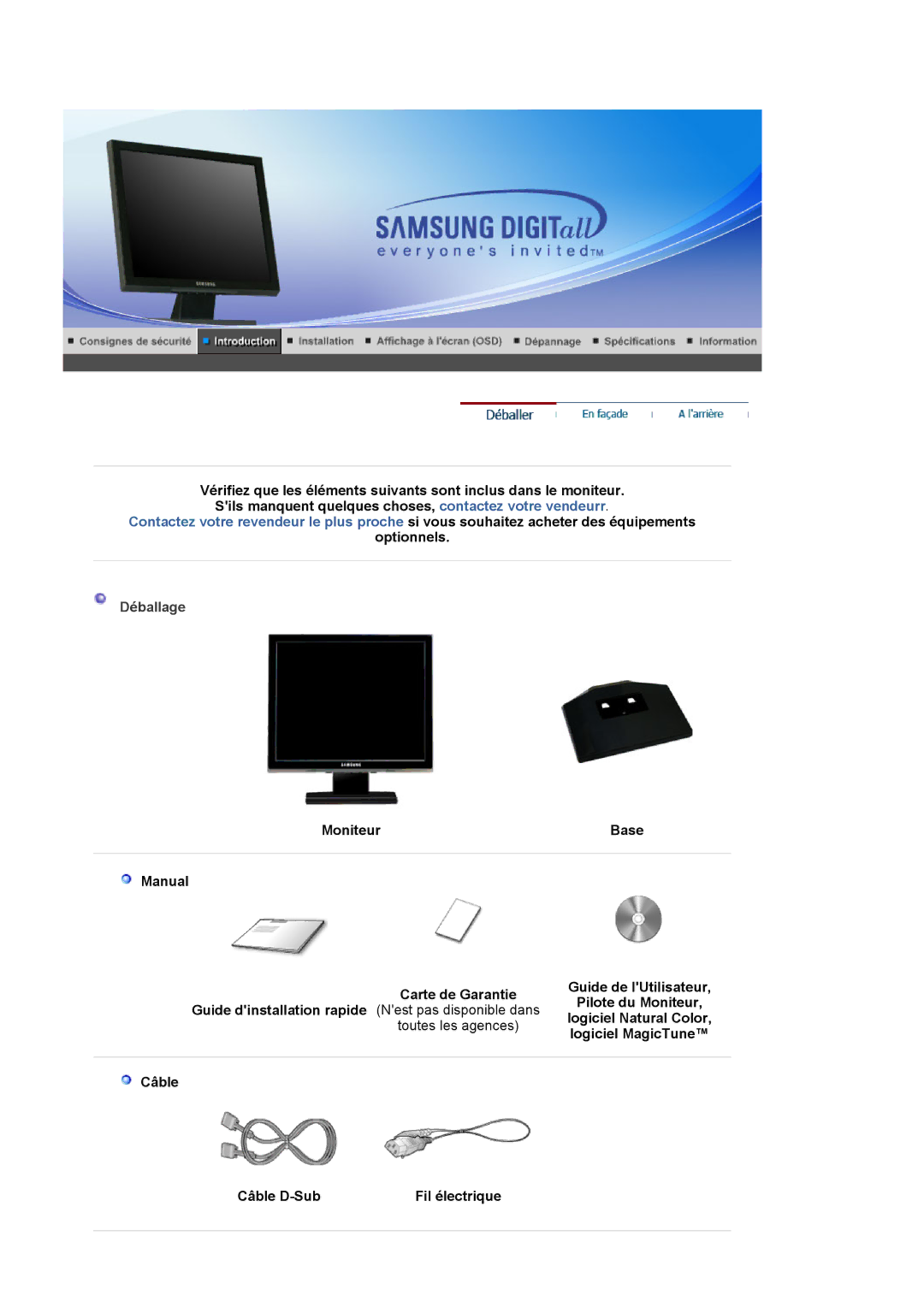 Samsung BI17BSSBV/EDC Optionnels, Déballage, Logiciel Natural Color, Logiciel MagicTune, Câble Câble D-Sub Fil électrique 