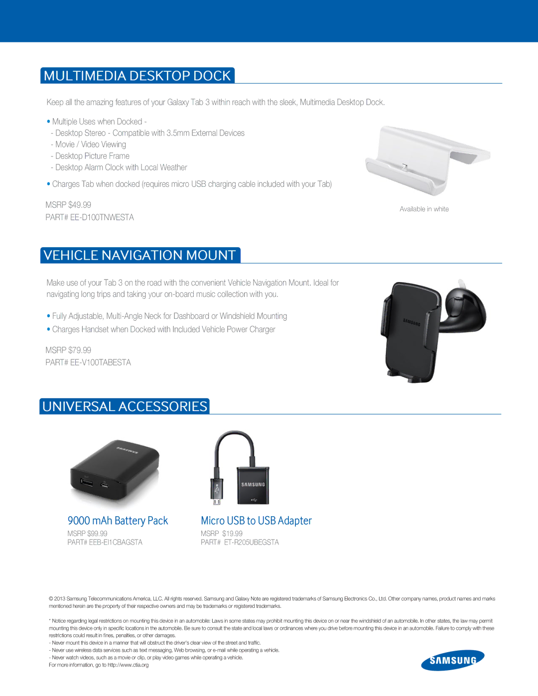 Samsung BKB10USWEGXAR manual Multimedia Desktop Dock, Vehicle Navigation Mount, Universal Accessories, MAh Battery Pack 