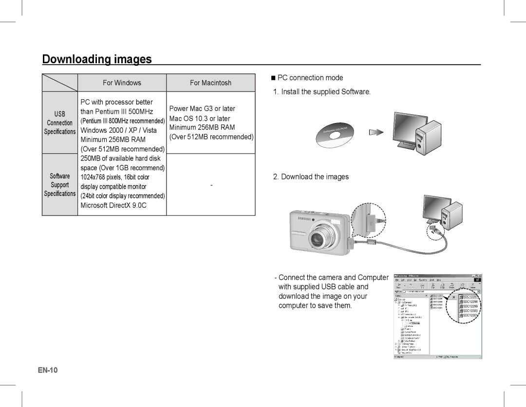 Samsung BL103 manual Downloading images, Than Pentium III 500MHz, Mac OS 10.3 or later, Microsoft DirectX 9.0C 