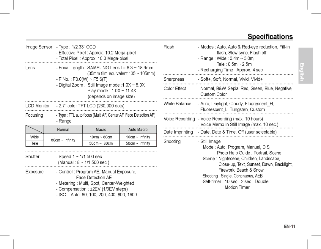 Samsung BL103 manual Specifications 