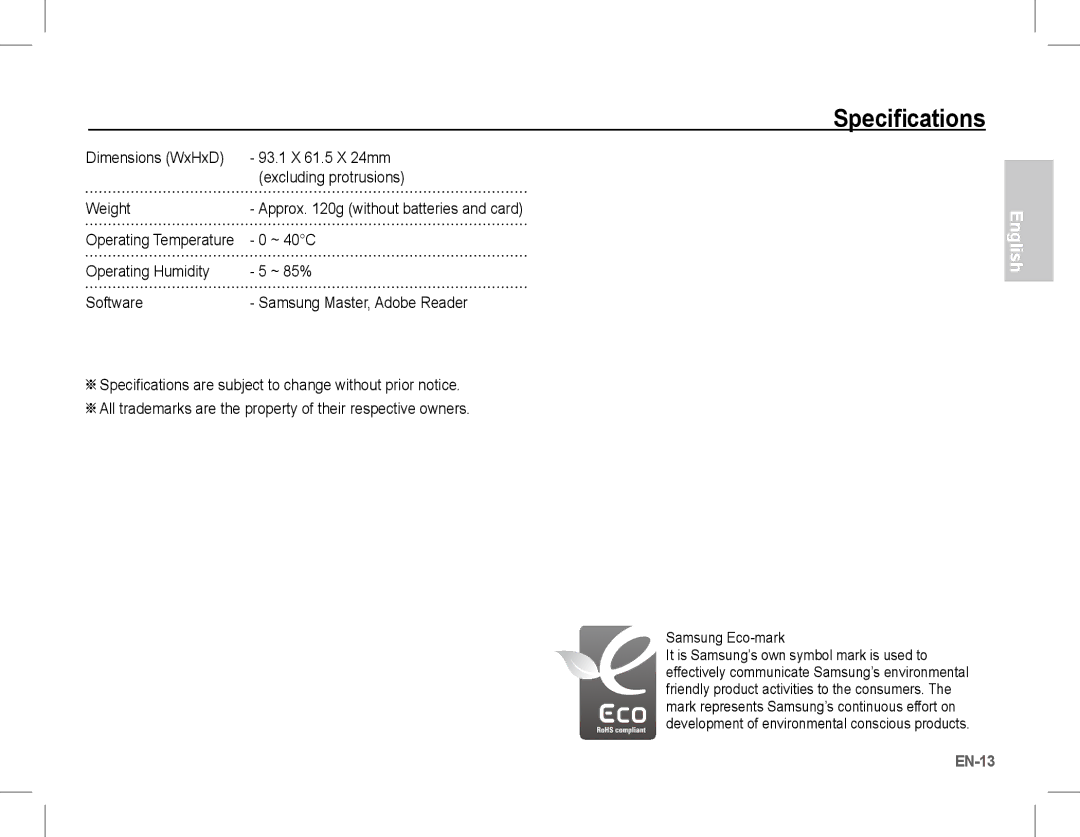 Samsung BL103 manual ~ 40C, Operating Temperature, Samsung Eco-mark 