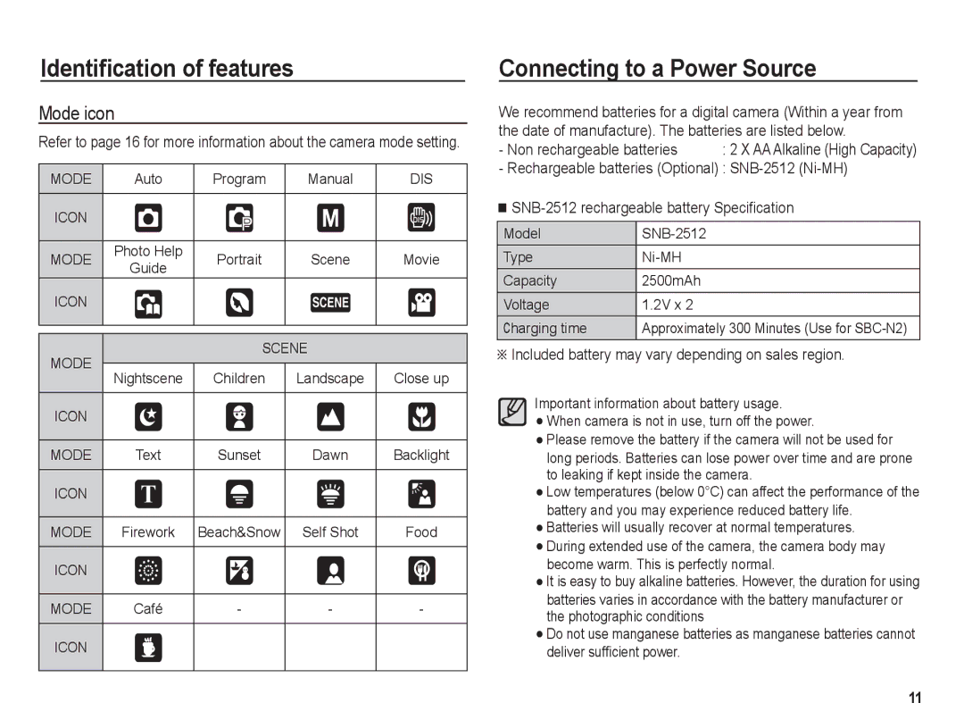 Samsung BL1050 manual Connecting to a Power Source, Mode icon, Included battery may vary depending on sales region 