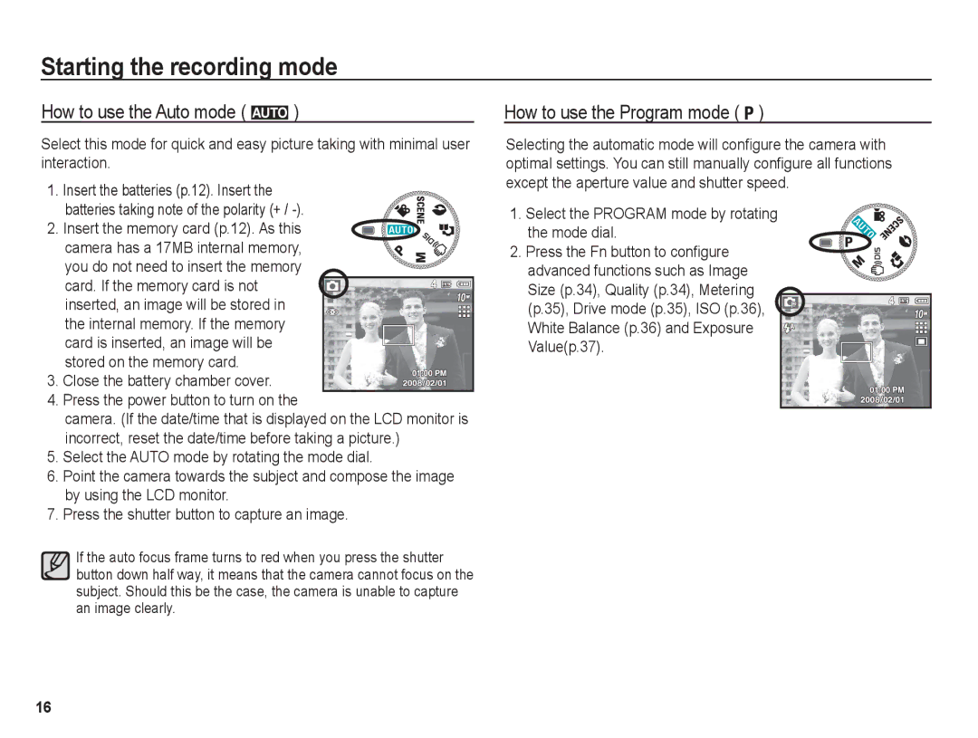 Samsung BL1050 manual Starting the recording mode, How to use the Auto mode μ, How to use the Program mode 