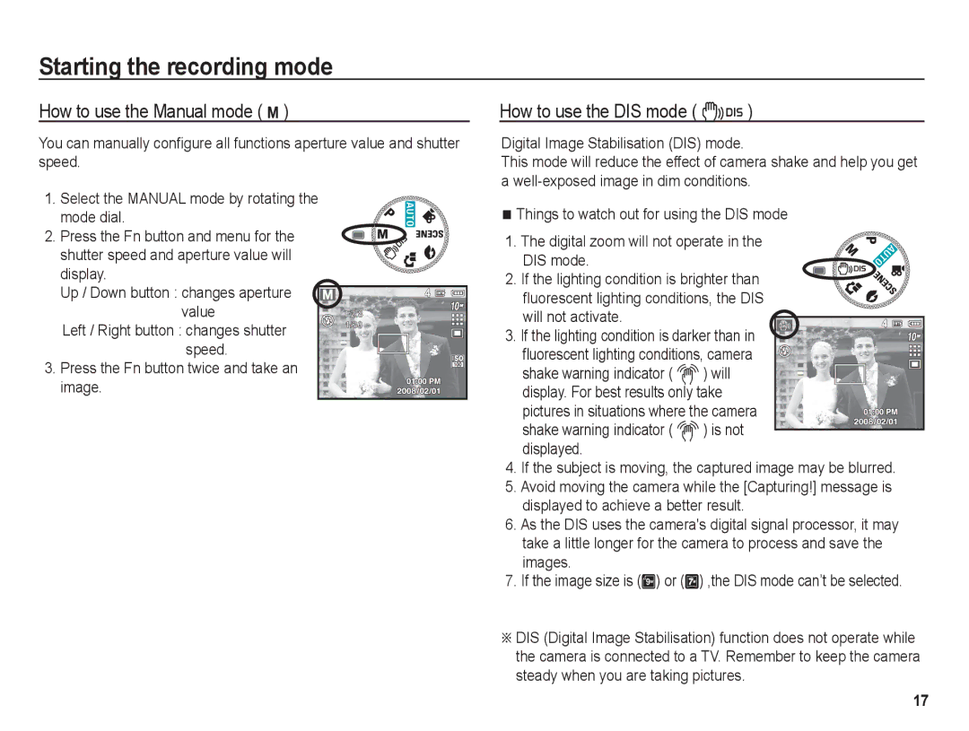 Samsung BL1050 manual How to use the Manual mode ¸, How to use the DIS mode 