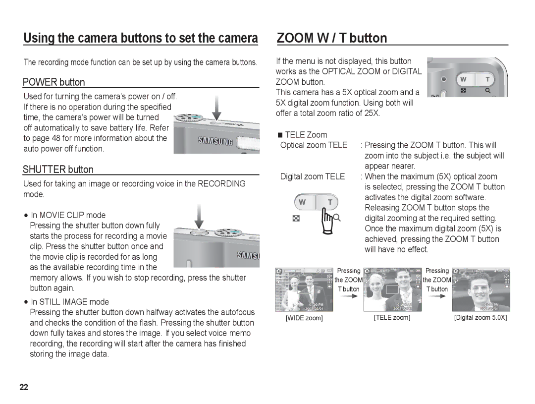 Samsung BL1050 manual Zoom W / T button, Power button, Shutter button 