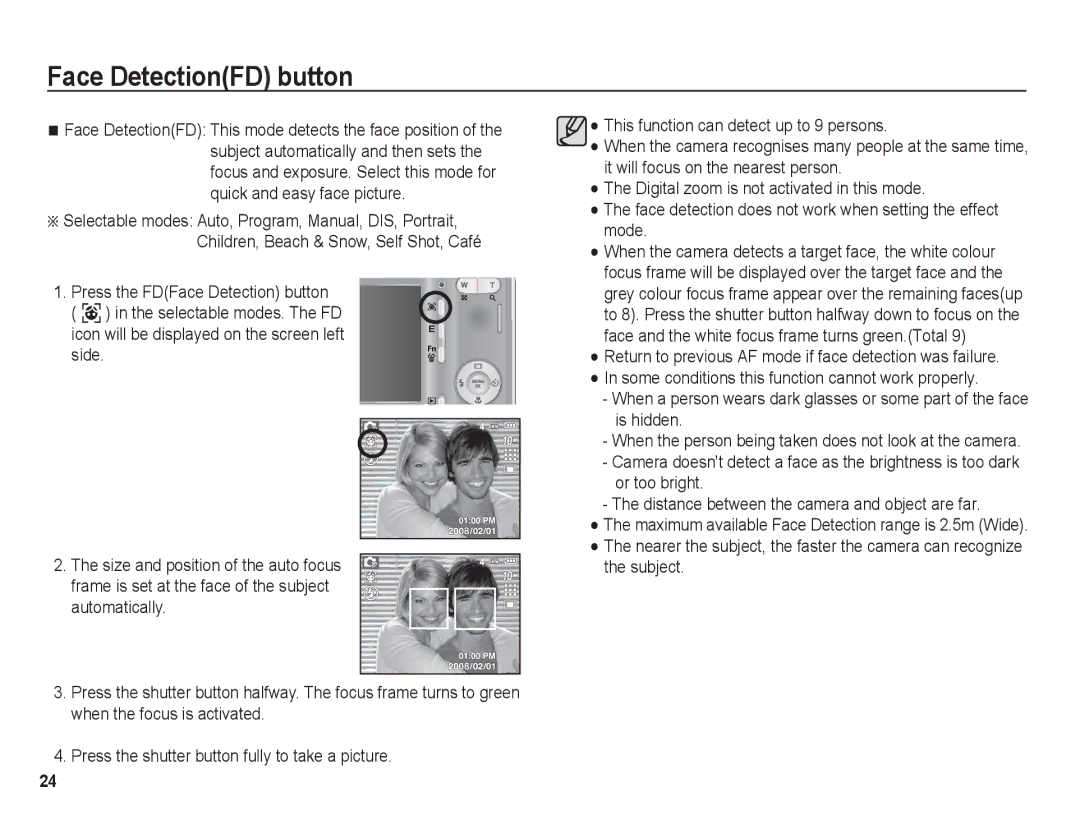 Samsung BL1050 manual Face DetectionFD button, When the person being taken does not look at the camera 