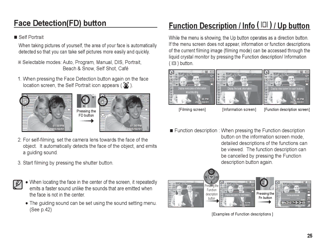 Samsung BL1050 manual Function Description / Info î / Up button, When pressing the Face Detection button again on the face 