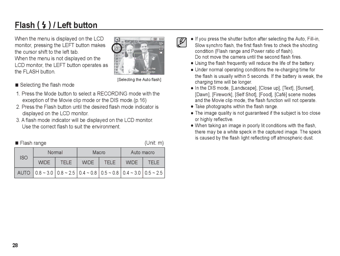 Samsung BL1050 manual Flash / Left button, Selecting the ﬂash mode, Flash range, Normal Macro Auto macro, Auto 0.8 ~ 