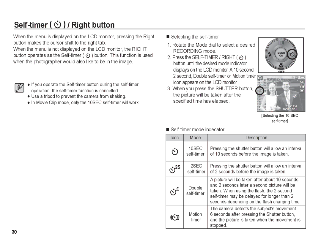 Samsung BL1050 manual Self-timer / Right button, Self-timer mode indecator 