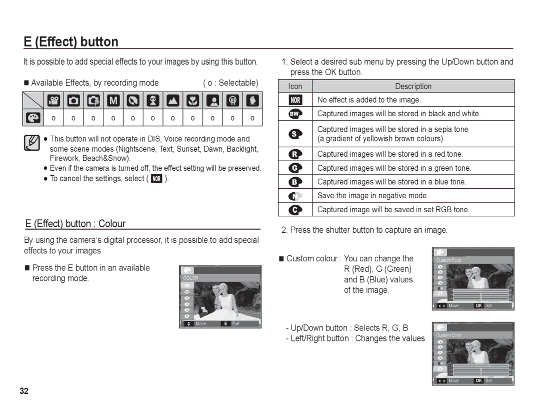 Samsung BL1050 manual † Š ‰, Effect button Colour, Available Effects, by recording mode o Selectable 