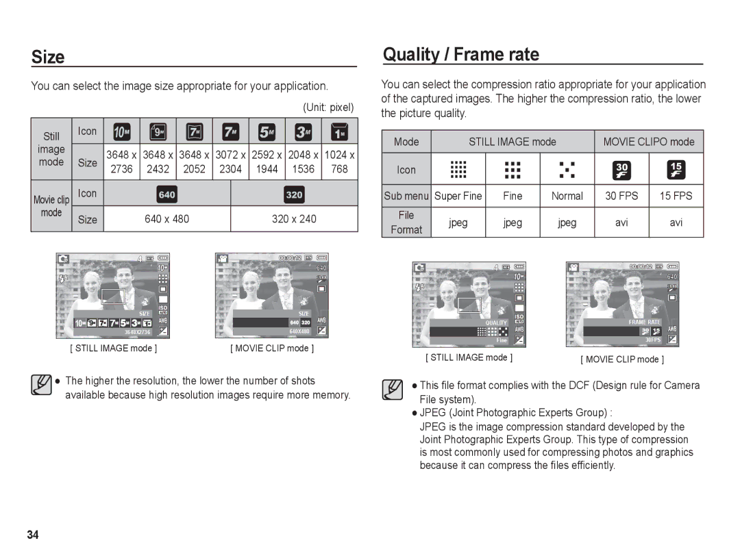 Samsung BL1050 manual Size, Quality / Frame rate 