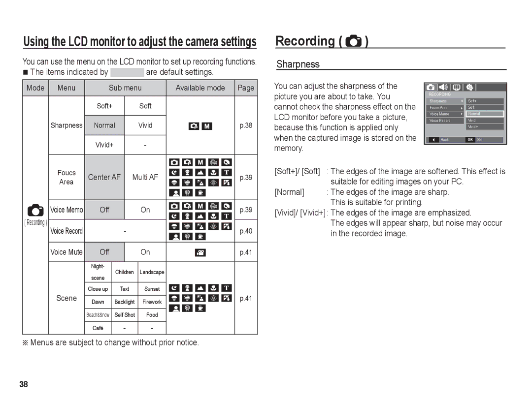 Samsung BL1050 manual Recording, Sharpness, Items indicated by are default settings, Suitable for editing images on your PC 