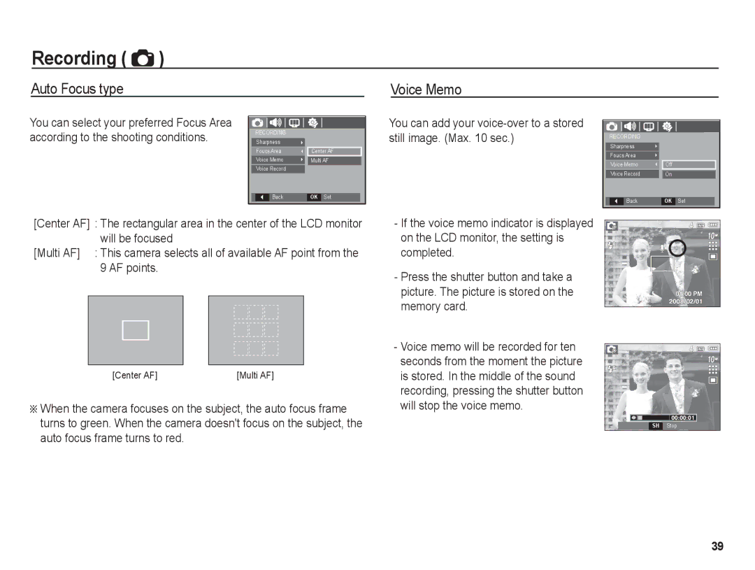 Samsung BL1050 manual Auto Focus type Voice Memo, You can add your voice-over to a stored still image. Max sec 